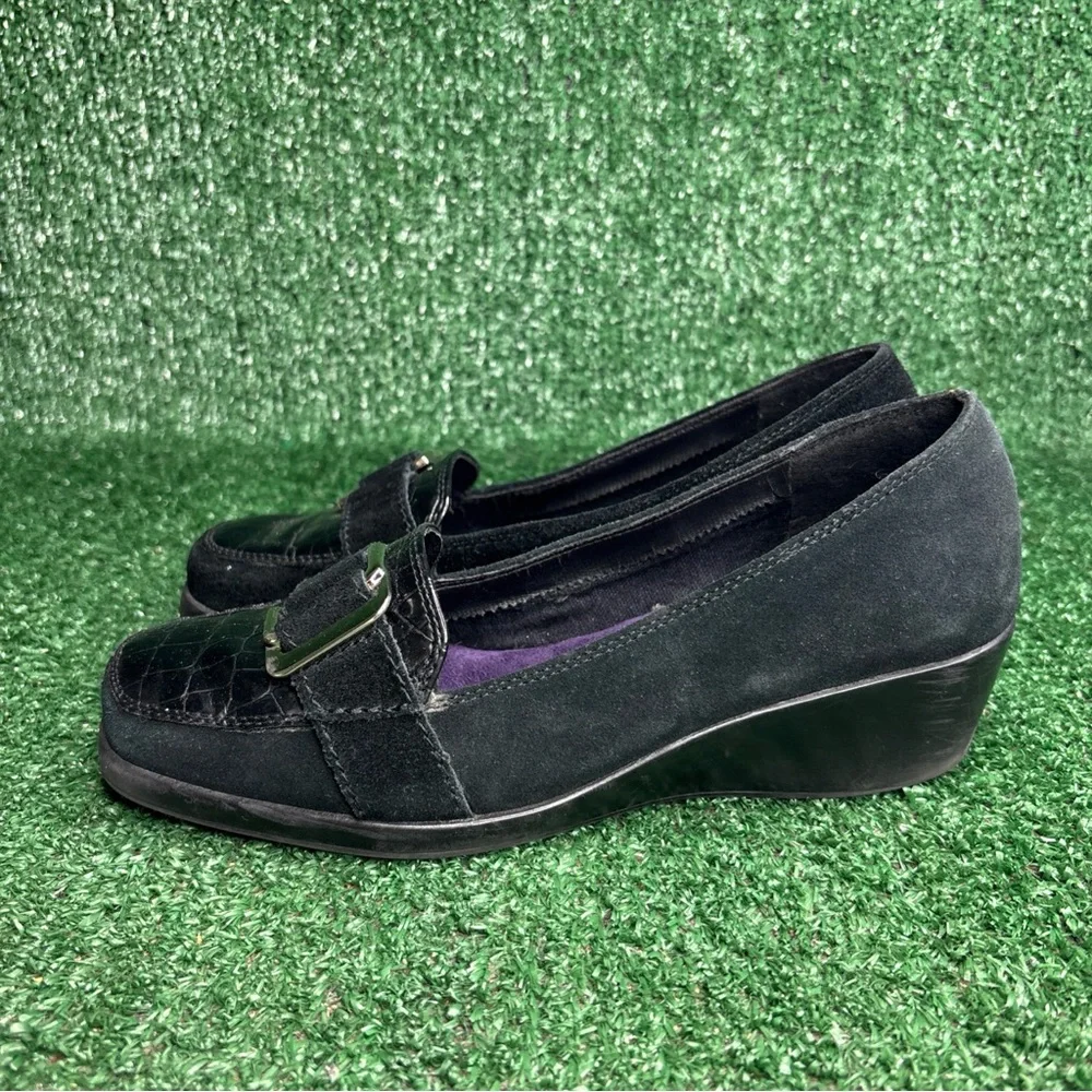 A2 by Aerosoles Womens 6.5 M Black Leather Wedge Loafers‎